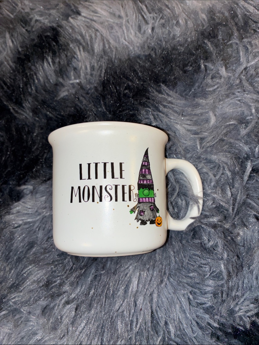 Little Monster White Kids Mug Halloween Frankenstein cobwebs & cauldrons 3”